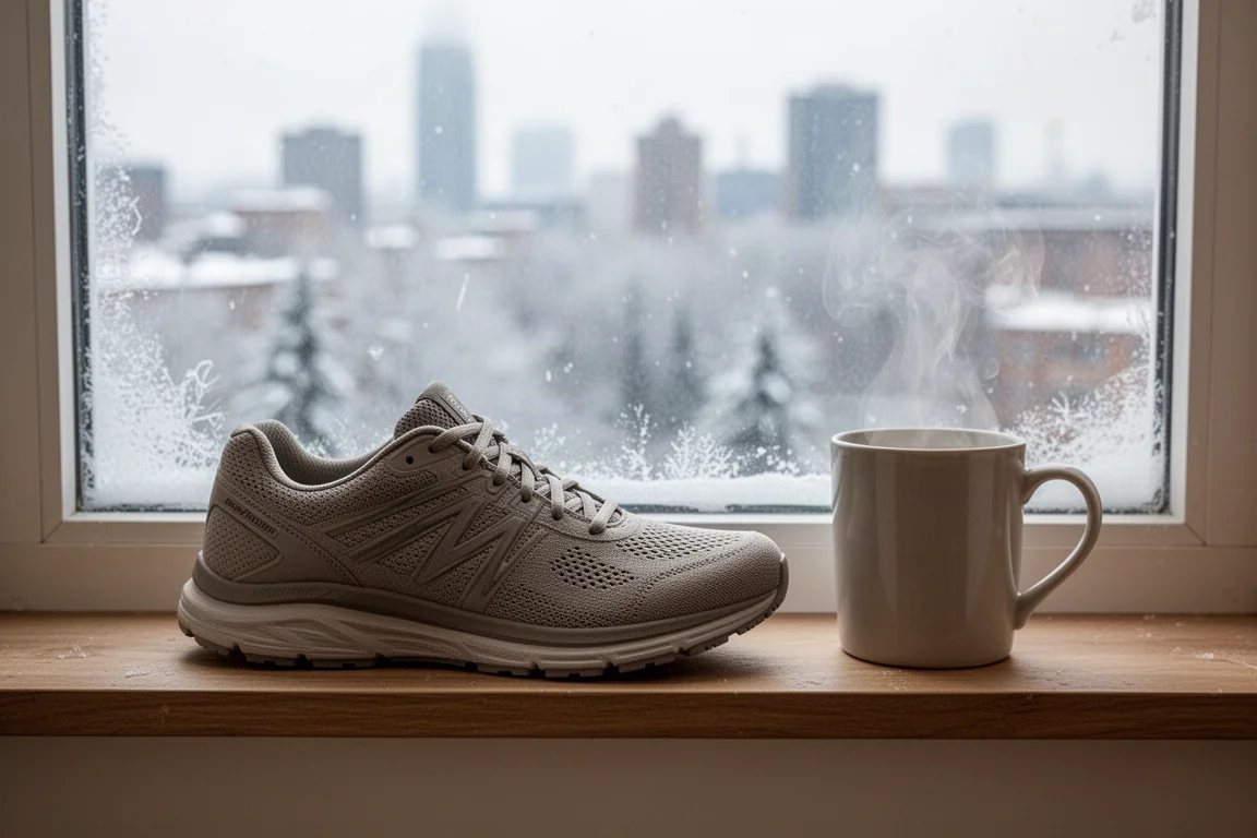 Scarpa da running appoggiata su un davanzale accanto a una tazza calda in una fredda mattina