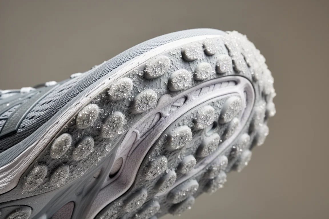 Gros plan sur un outsole en caoutchouc à texture cristalline montrant une usure minimale