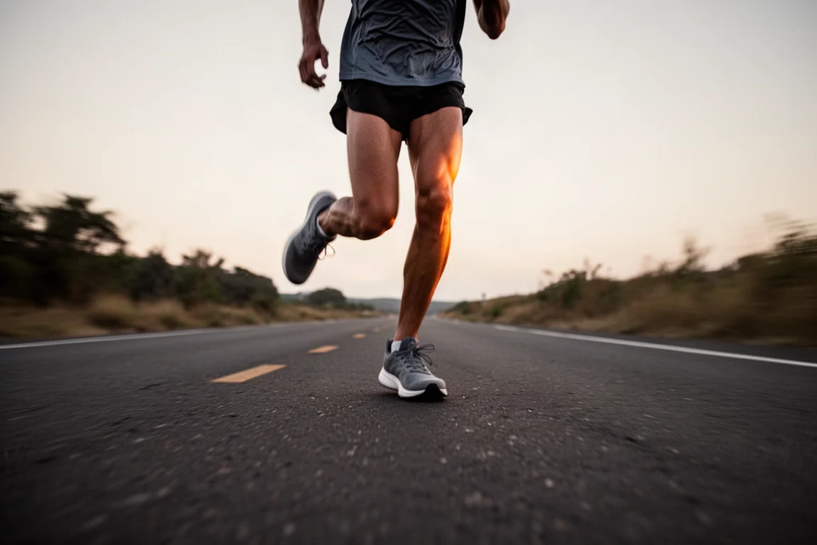 Coureur en pleine foulée sur une route ouverte lors d'un tempo run au crépuscule