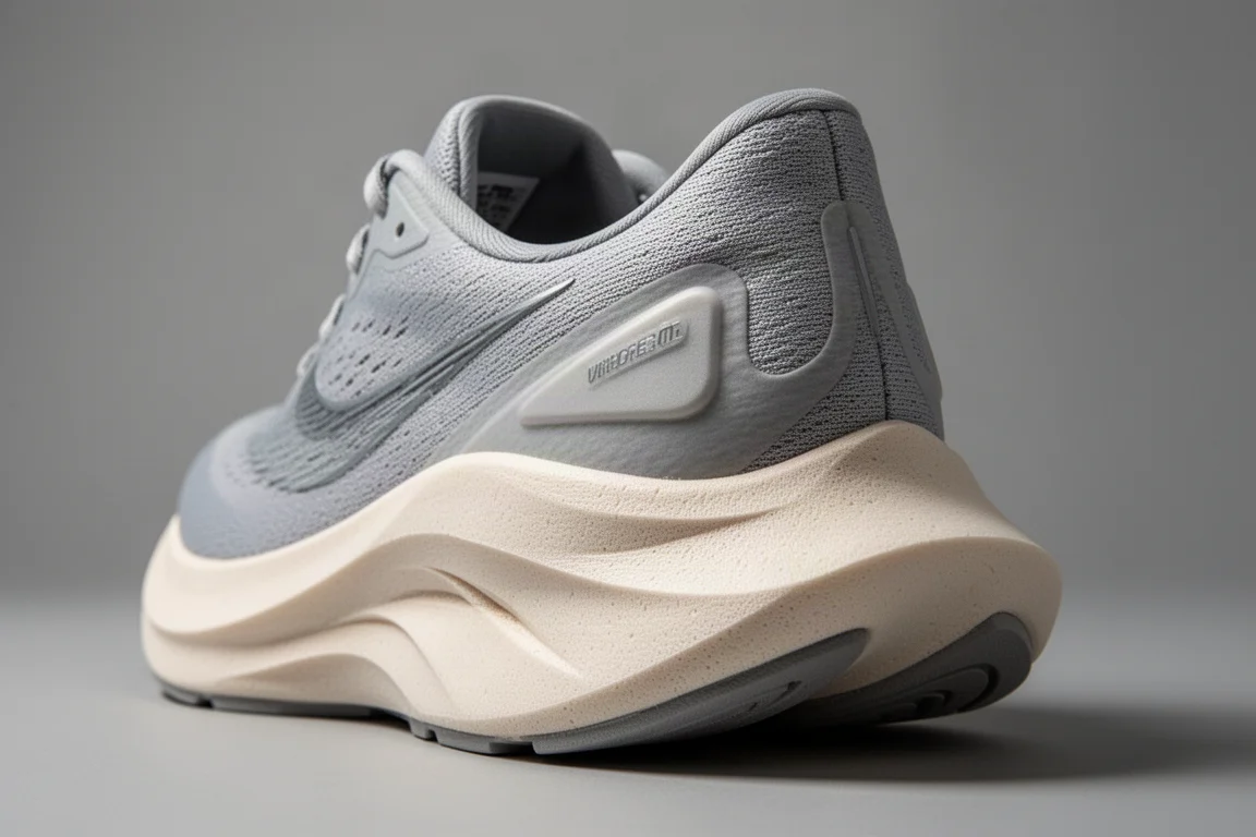 Gros plan sur le talon de la midsole d'une chaussure de running montrant les flancs et l'évasement de la semelle