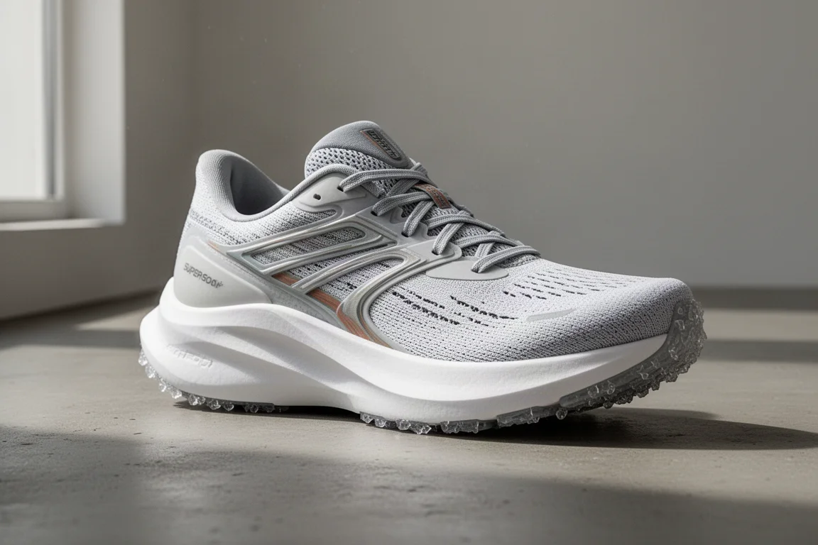 Lightweight running trainer on a matte concrete surface in soft light