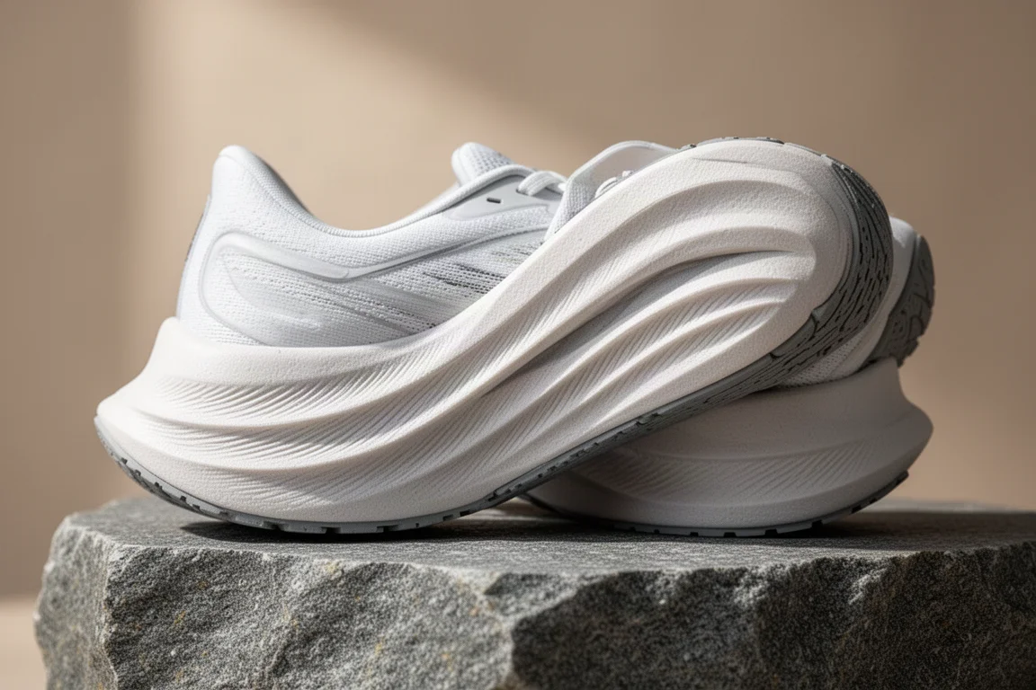 Primer plano de una mediasuela blanca y gruesa de zapatilla de running comprimiéndose sobre el asfalto