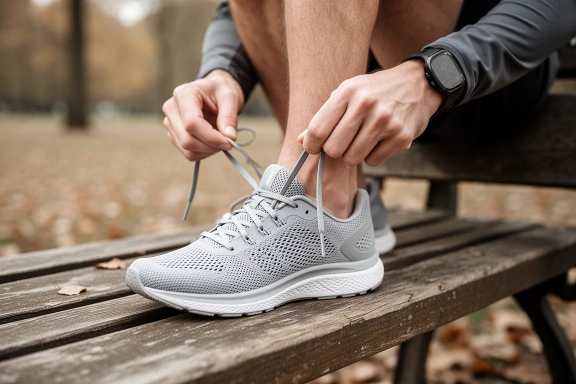 Suela de una zapatilla de running con amplia cobertura de goma sobre un camino mojado con charcos