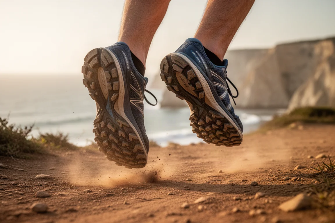 Trailrunner-Füße in frischen Trailschuhen auf einem Küstenweg bei goldenem Abendlicht