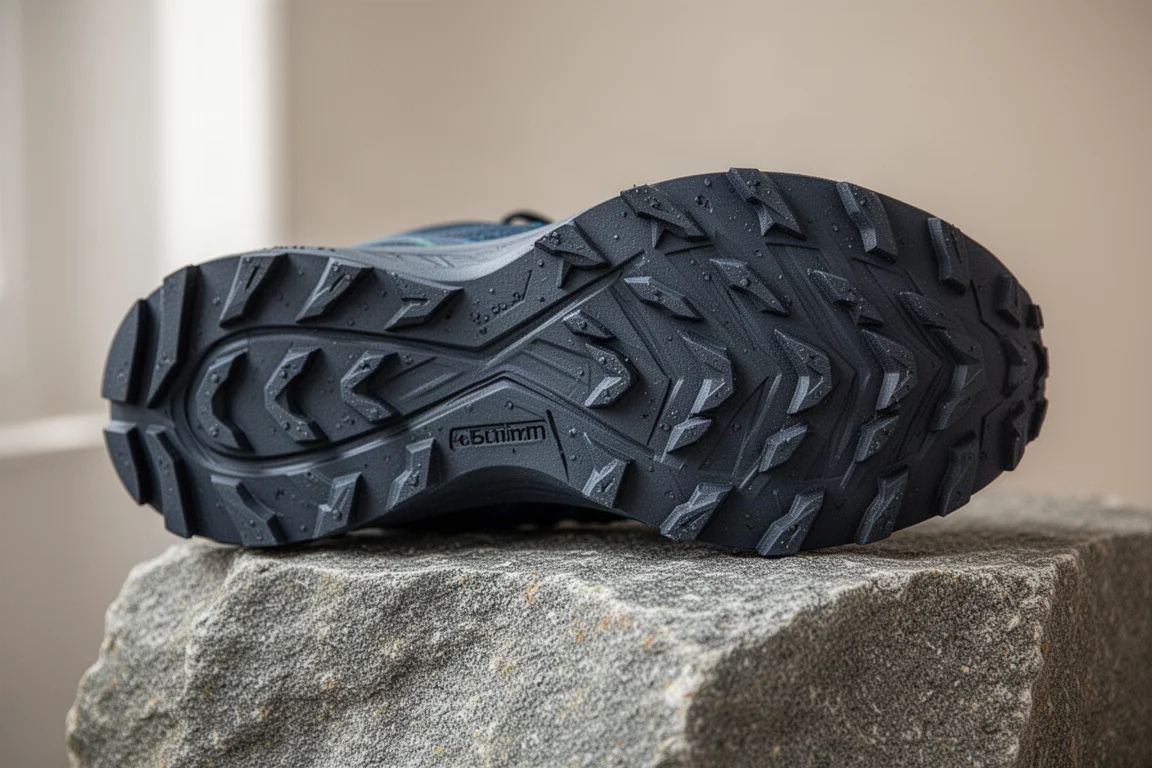 Nahaufnahme der robusten Außensohle eines Trailschuhs mit 4.5mm Stollen und Gummimischung