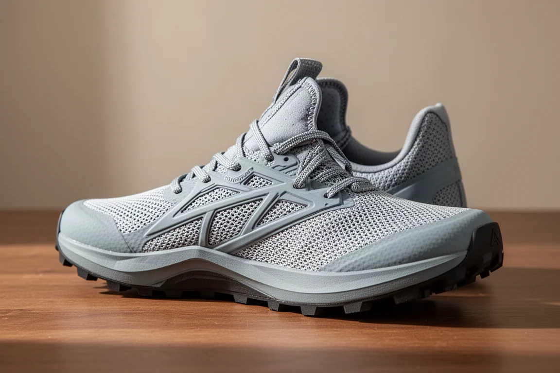 Atmungsaktives Mesh-Obermaterial mit Overlays und Laschenzunge bei einem Trailschuh