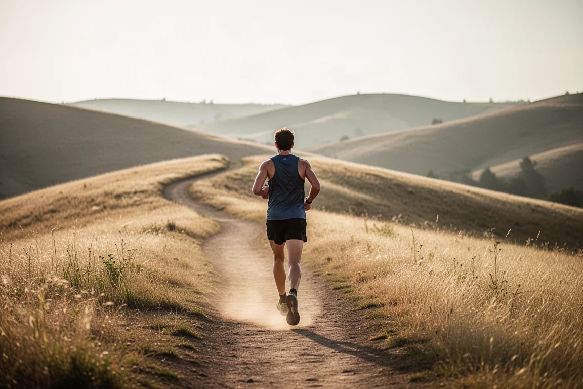 Trail runner su un sentiero polveroso che serpeggia tra colline ondulate