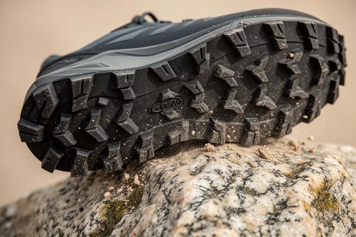 Primo piano di una suola aggressiva da trail che aderisce a una superficie rocciosa