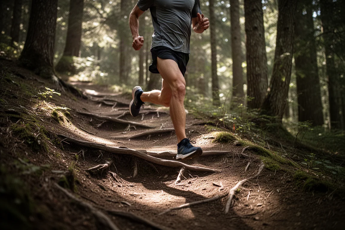 Runner che sale su un sentiero boschivo ondulato tra radici e terra sciolta