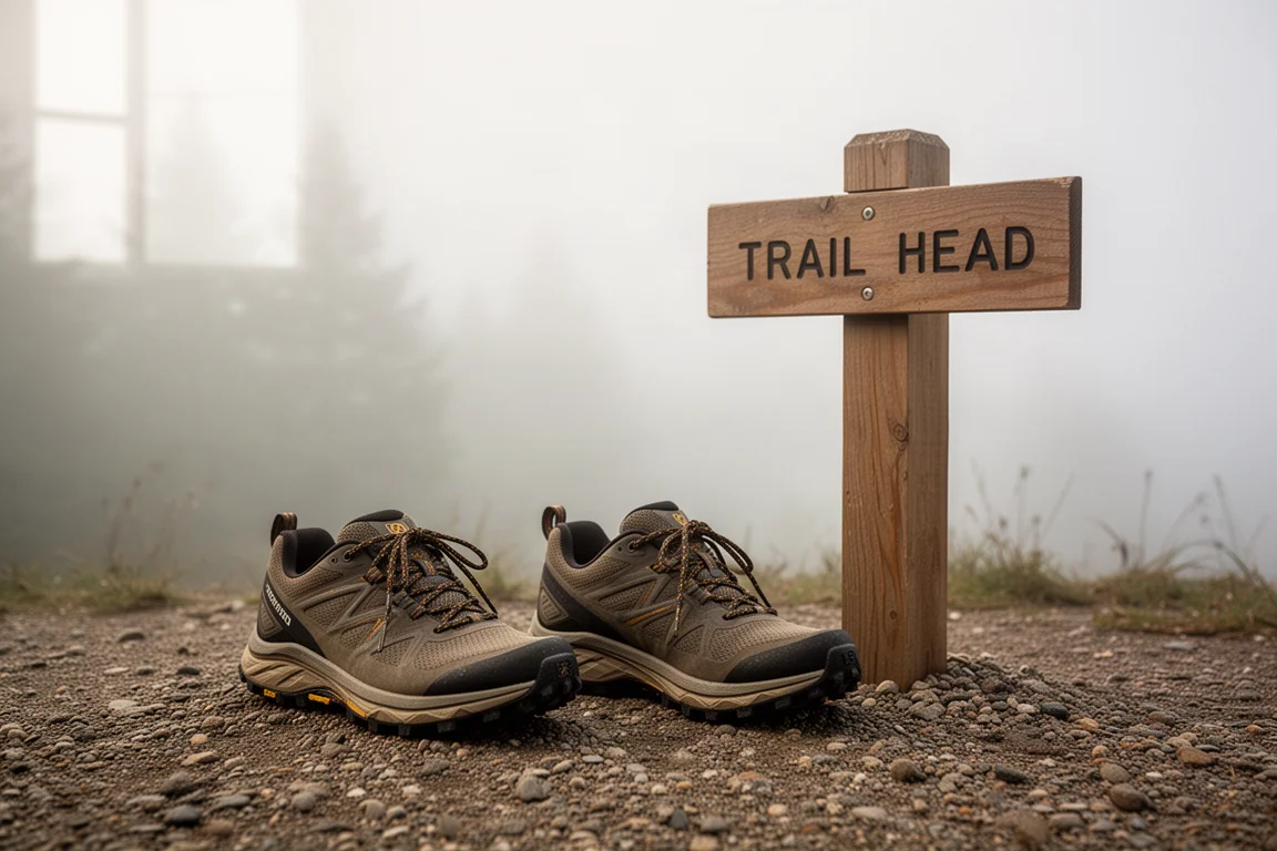 Coppia di scarpe da trail appoggiate accanto a un cartello di inizio sentiero su terreno ghiaioso