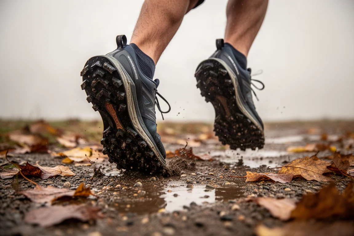 Piedi di un runner su un sentiero sterrato bagnato con foglie tra le suole scolpite delle scarpe