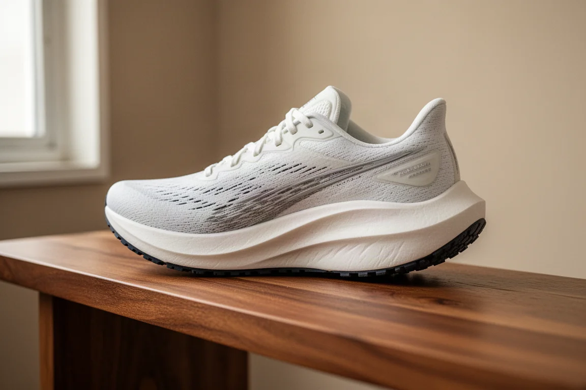 Intersuola di una scarpa da running con massima ammortizzazione fotografata su una panchina di legno