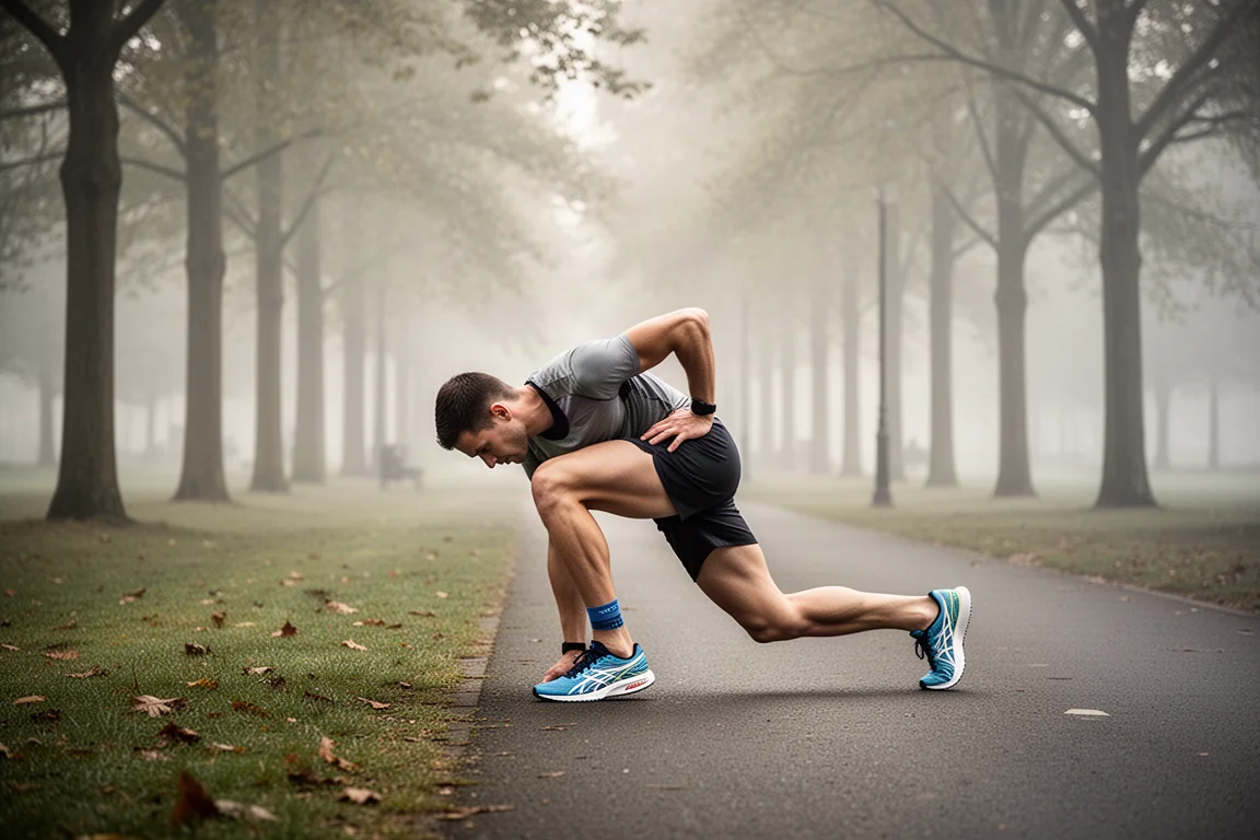Runner che si allunga accanto a un sentiero nel parco prima di una corsa a ritmo
