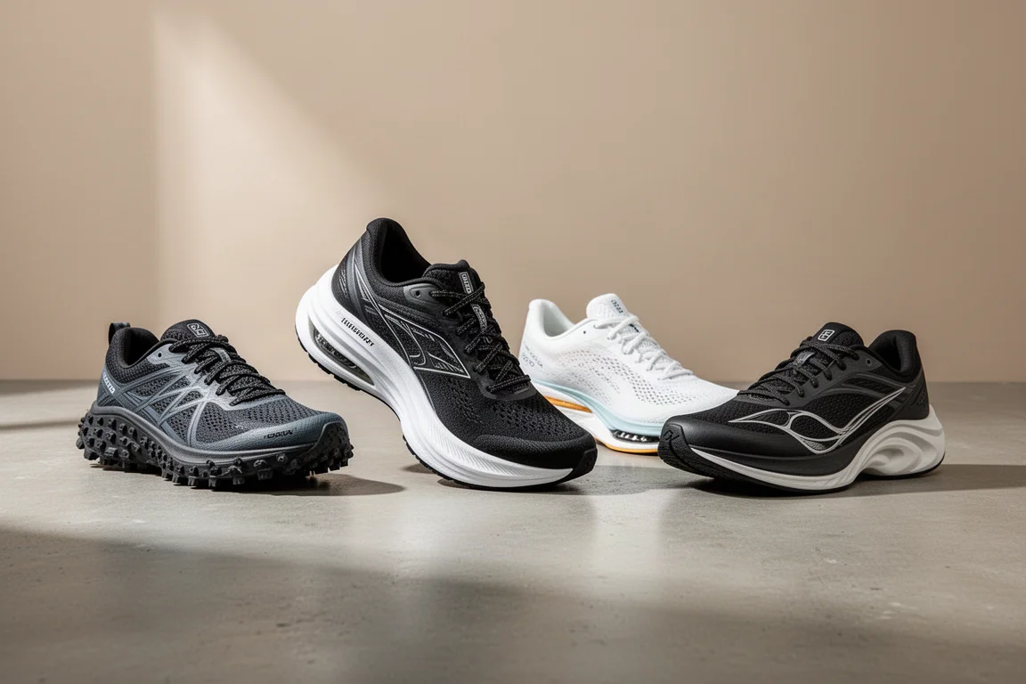 Four running shoes lined up on a concrete surface in soft studio light