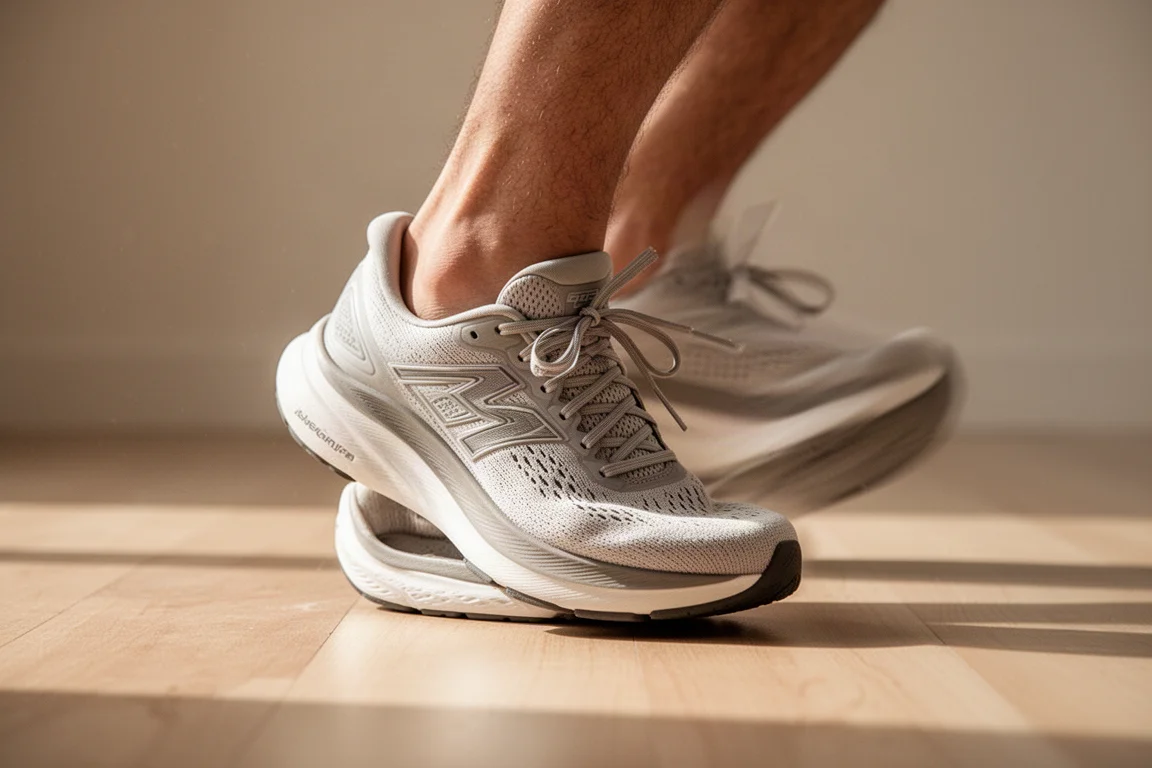 Läufer schnürt einen geräumigen, gedämpften Laufschuh auf einem Holzfußboden