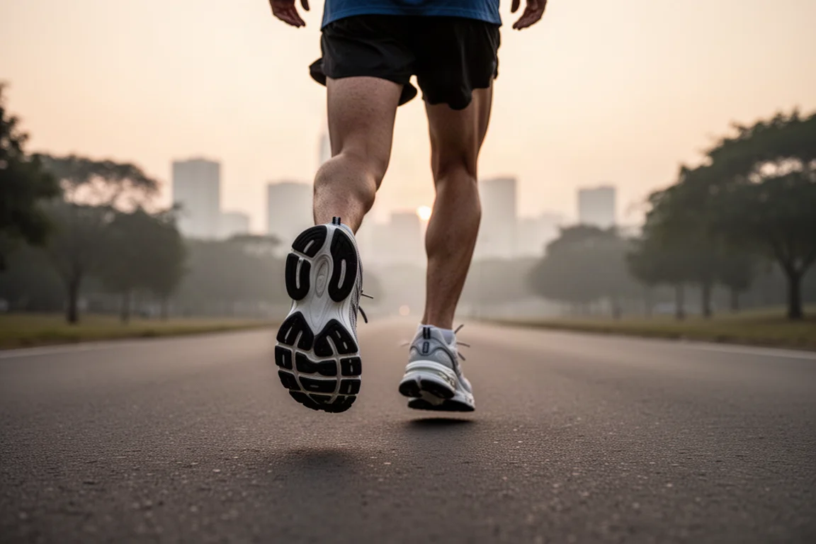 Läufer joggt in sanftem Abendlicht auf offener Straße in gedämpften Schuhen