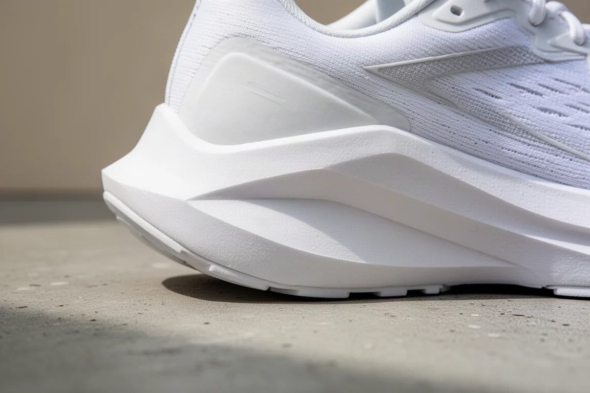 Primer plano de la mediasuela de una zapatilla de running mostrando el stack y la geometría basculante