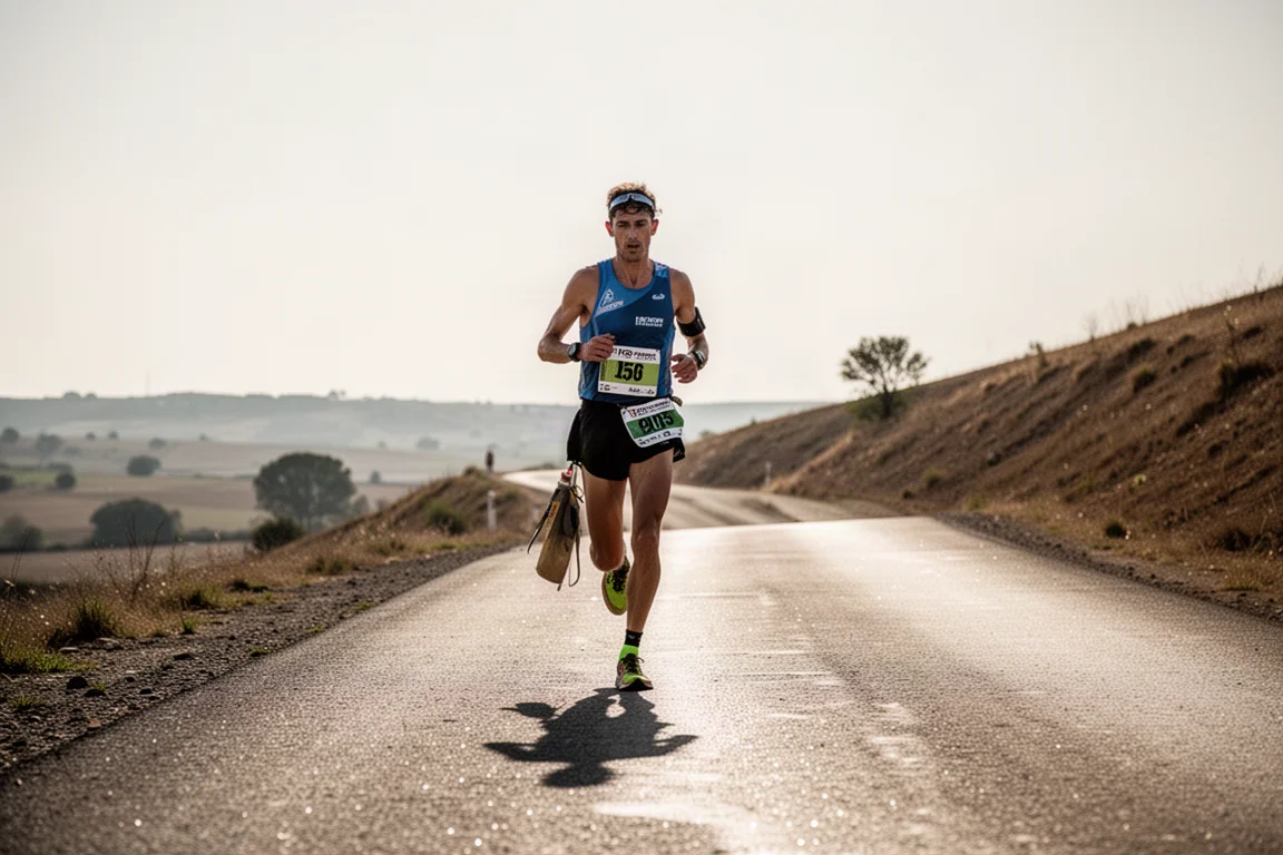 Wyczerpany biegacz idący pod górę na słonecznej trasie ultra maratonu w dużym upale