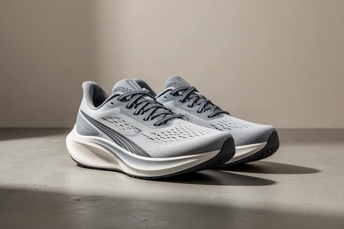 Paar Saucony Endorphin Azura Straßenlaufschuhe auf mattem Beton