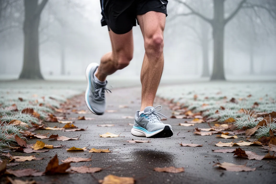 Runner su un sentiero di parco londinese freddo con scarpe da running leggere e ammortizzate