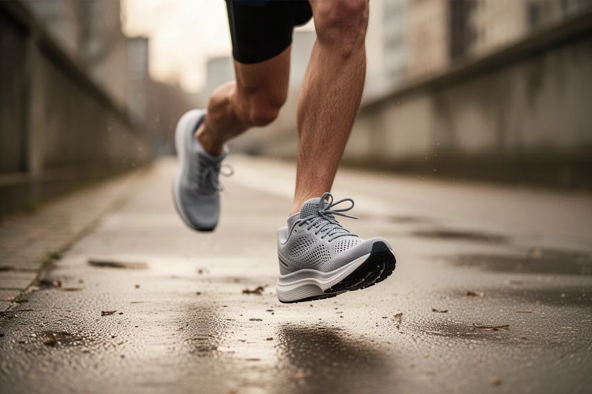 Runner in accelerazione su un percorso urbano, appoggio di metapiede su asfalto bagnato