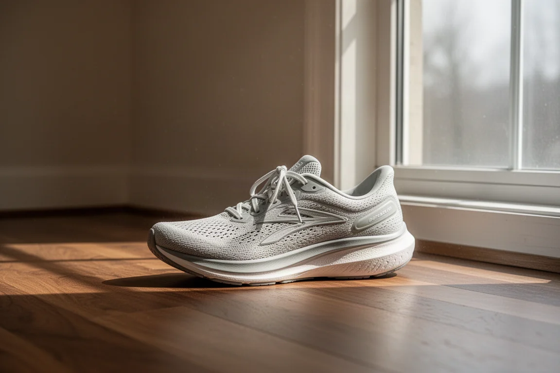 Scarpe da running disposte su un pavimento di legno accanto a una finestra nella tenue luce del mattino