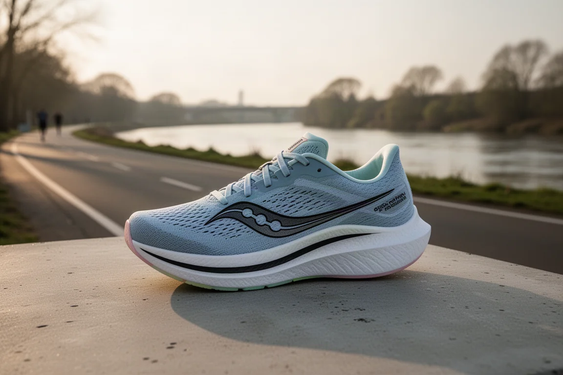 Saucony Endorphin Azura running shoe on concrete beside a riverside path at dawn