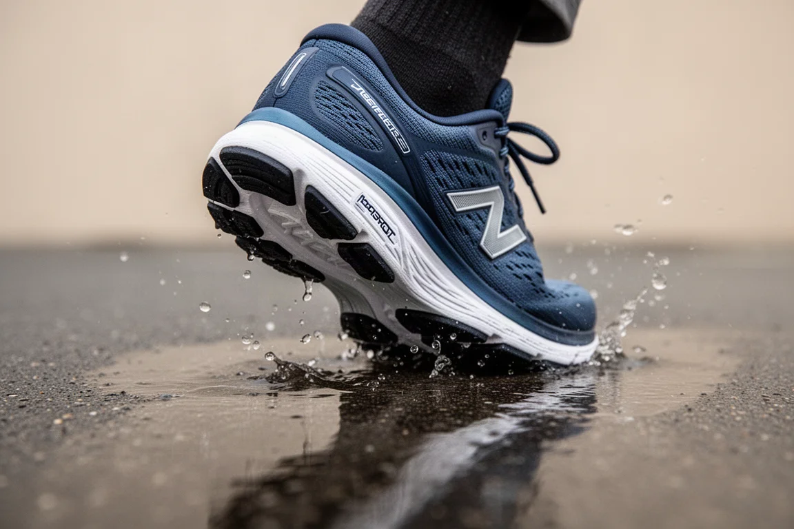 Primer plano de la suela de una zapatilla de running agarrándose al pavimento mojado en una curva