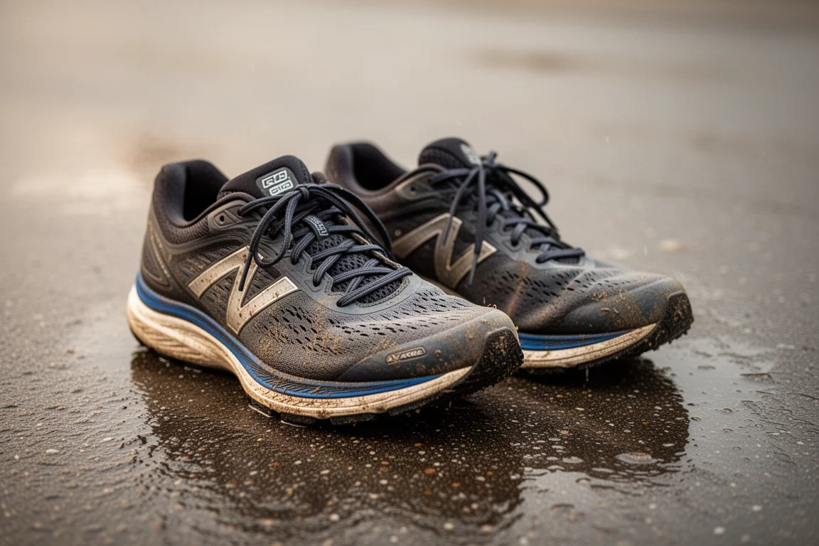Zapatillas de running apoyadas en el pavimento tras una dura sesión de carrera