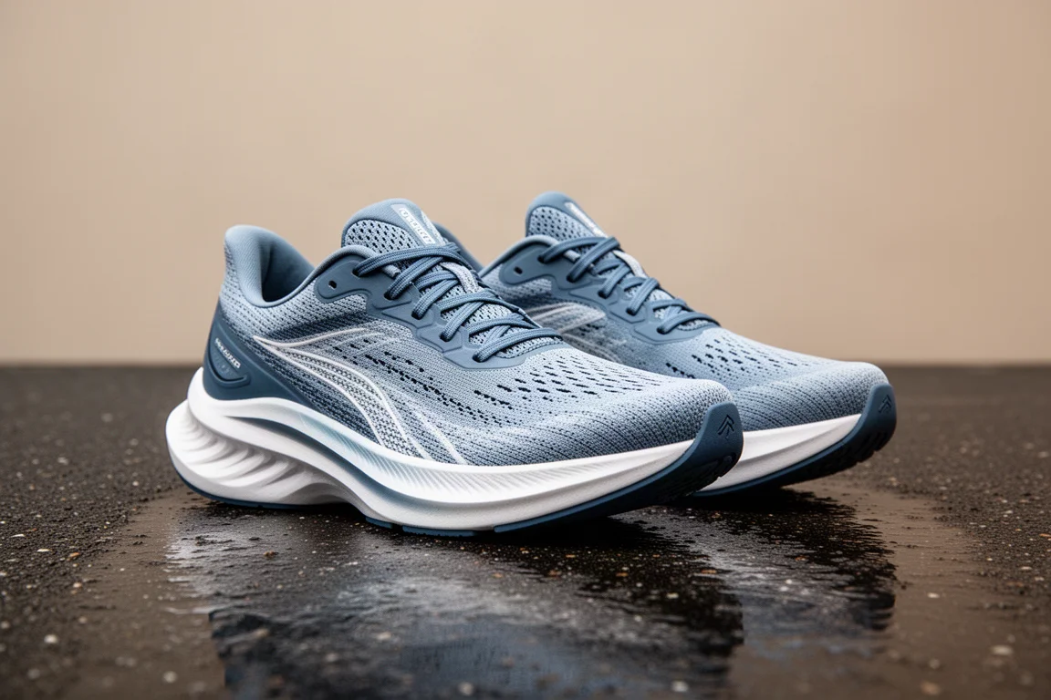 Para butów do biegania Saucony Endorphin Azura na mokrym asfalcie