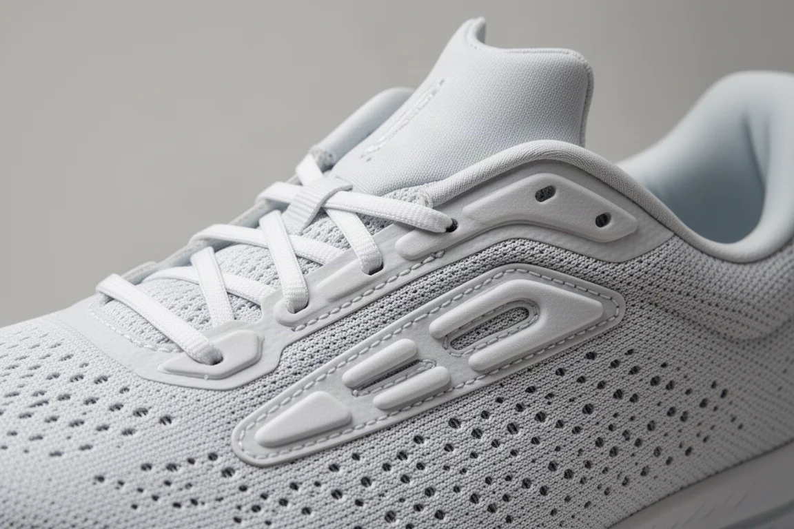 Primer plano de un upper perforado de zapatilla de running con zonas acolchadas de los cordones