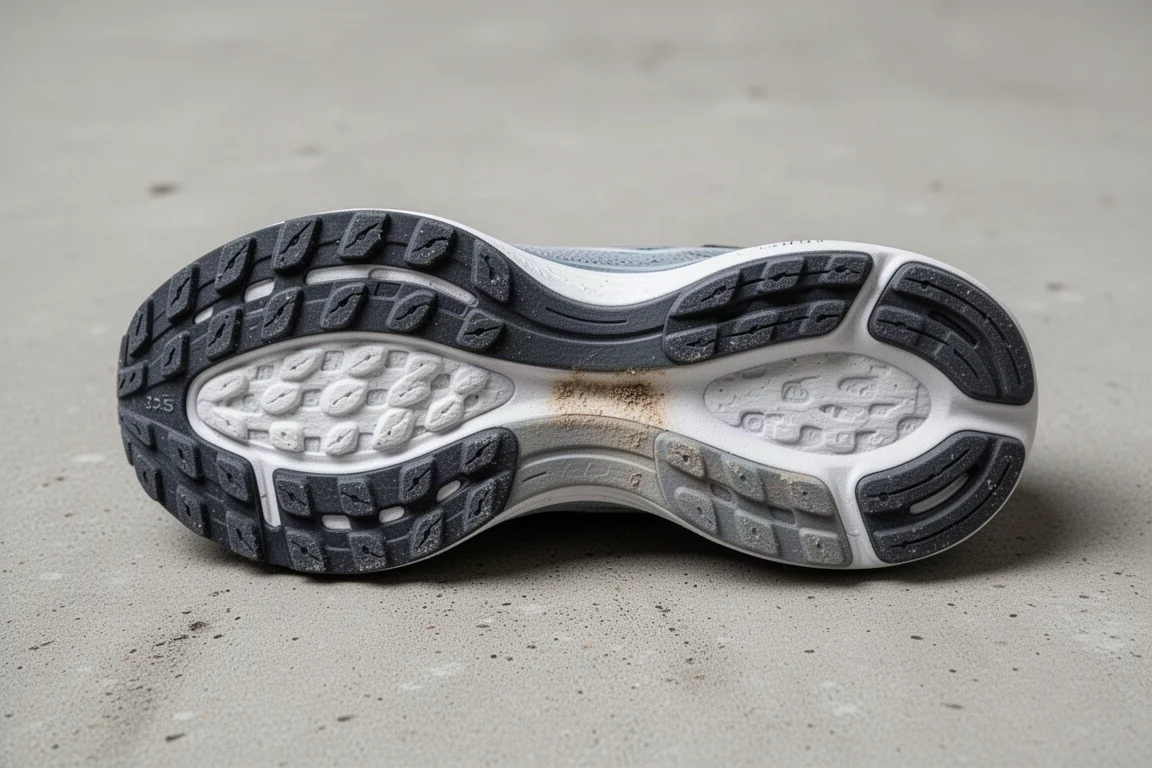 Suela de una zapatilla de running mostrando la cobertura de goma y el desgaste temprano de la espuma