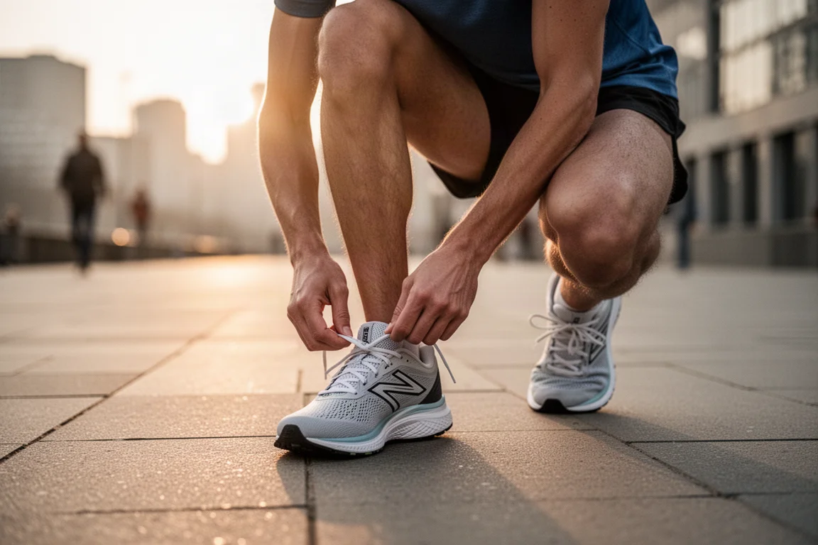 Runner lacing up lightweight daily trainers on a quiet morning street
