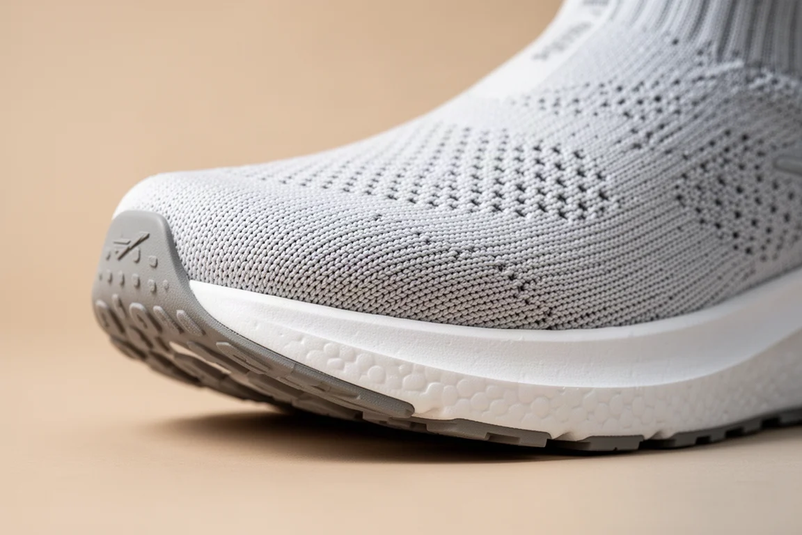 Close-up of the knitted upper and thick midsole foam of a tall-stacked running shoe