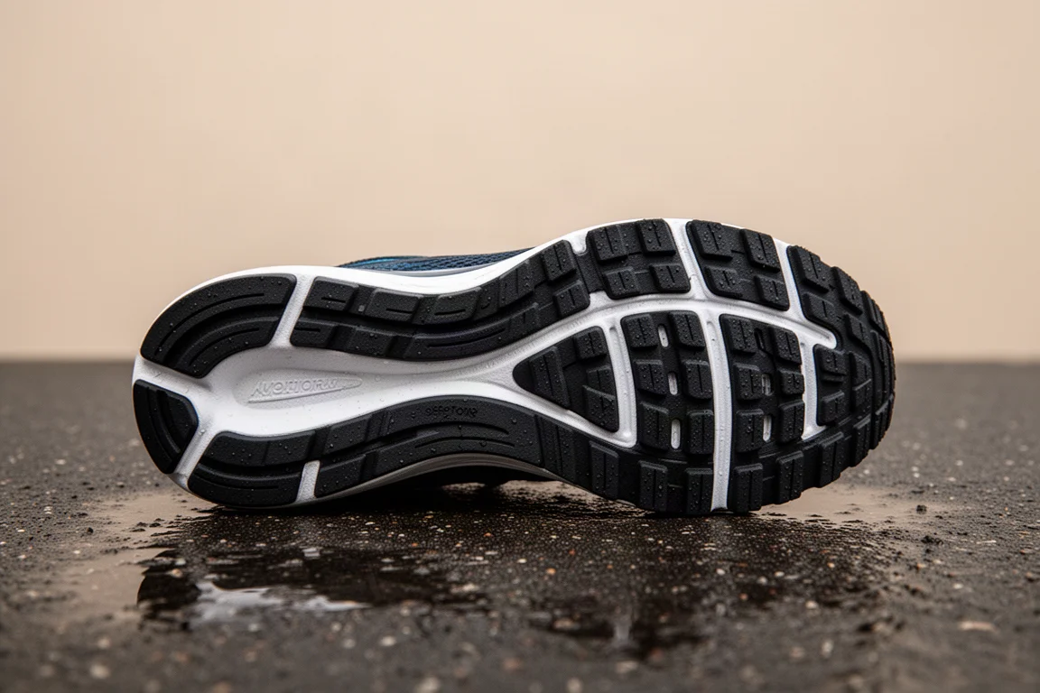Rubber outsole of a running shoe resting on wet tarmac showing tread detail