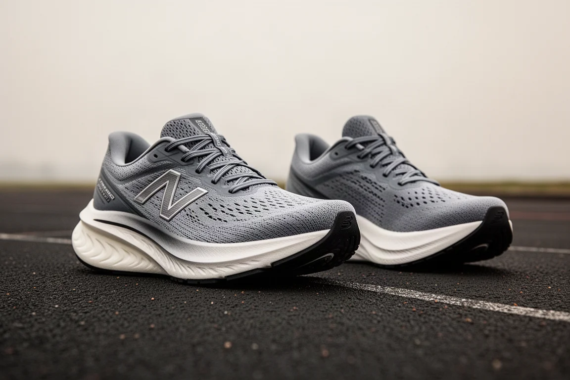 Deux chaussures de running côte à côte sur une piste montrant des hauteurs de semelle intermédiaire différentes