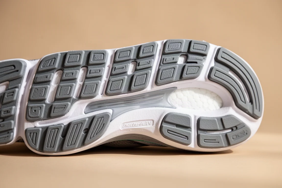Gros plan sur la semelle extérieure d'une chaussure de running montrant la couverture en caoutchouc et les rainures de flexion