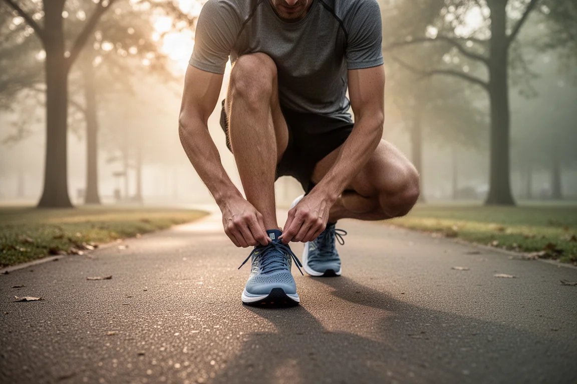 Un coureur attachant les lacets de sa chaussure de running sur un chemin de parc à la lumière du petit matin
