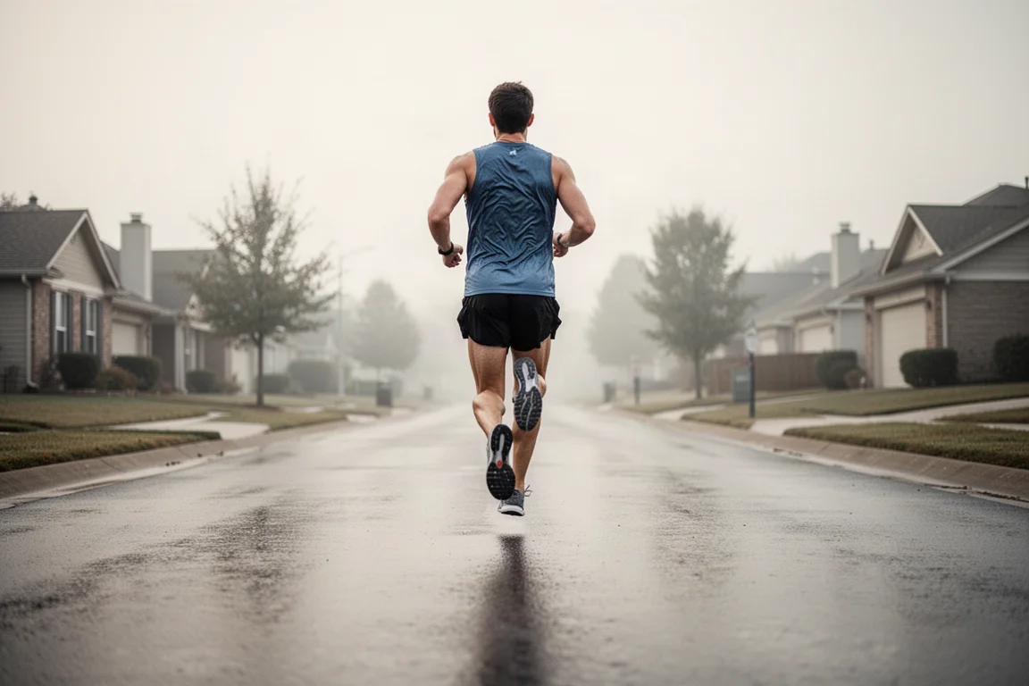 Un coureur prenant un virage sur une route déserte lors d'une sortie facile en matinée