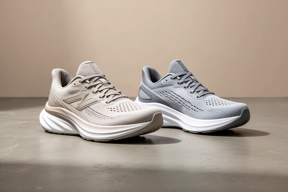 Two Saucony running shoes side by side on a concrete surface