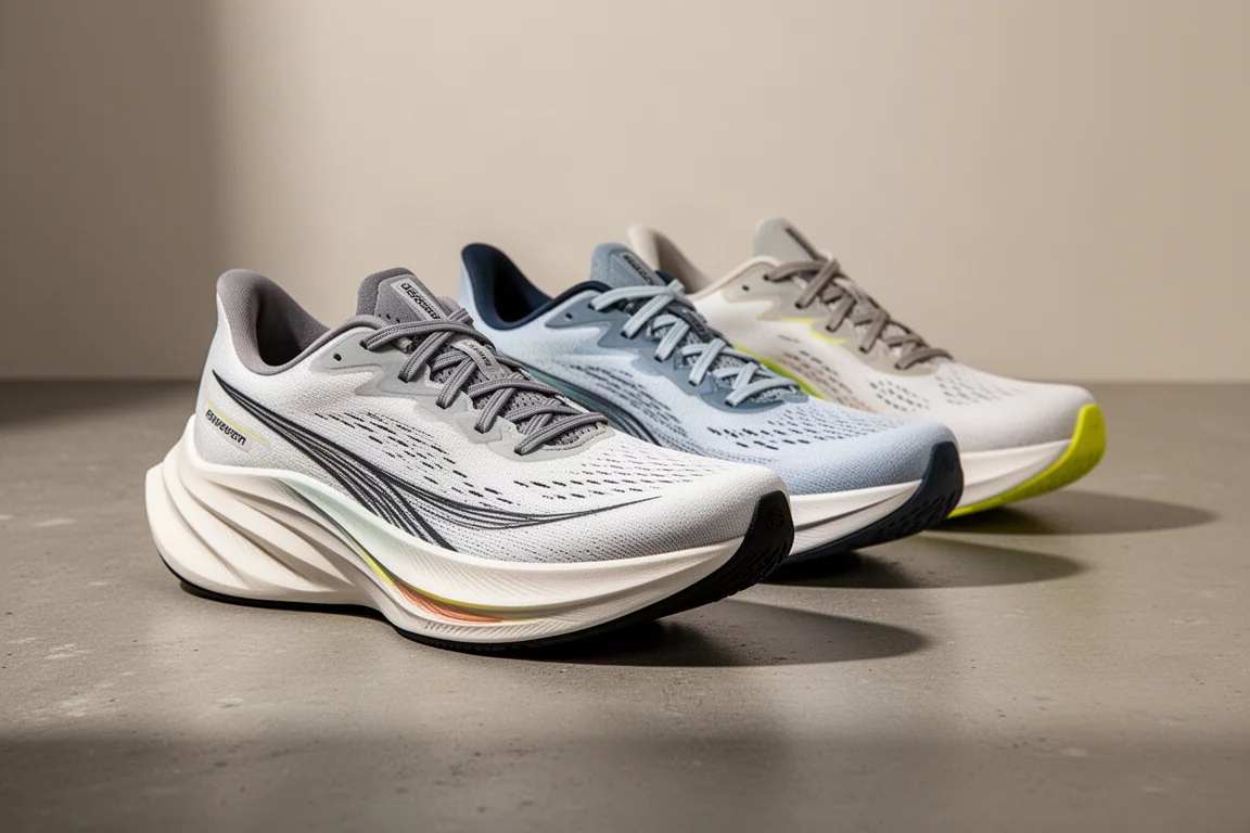 Three Saucony Endorphin running shoes arranged on a concrete surface