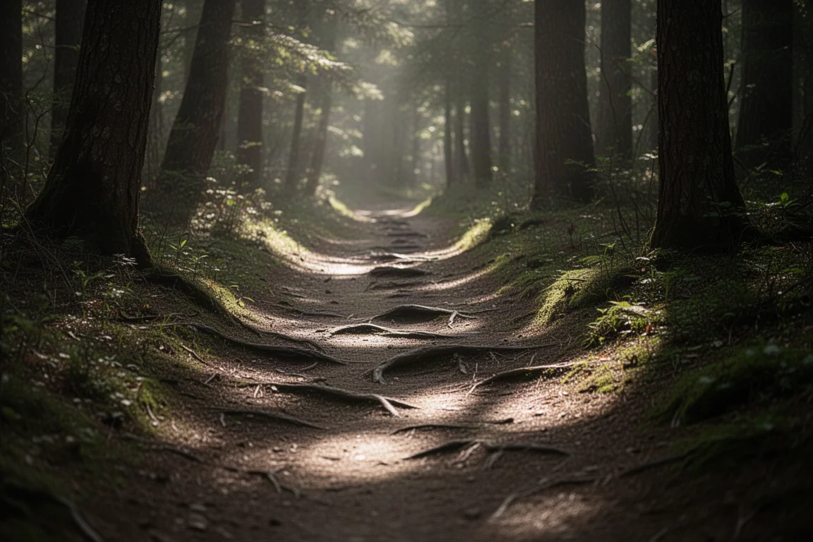 Trail runner in movimento su un sentiero forestale compatto sotto la luce estiva