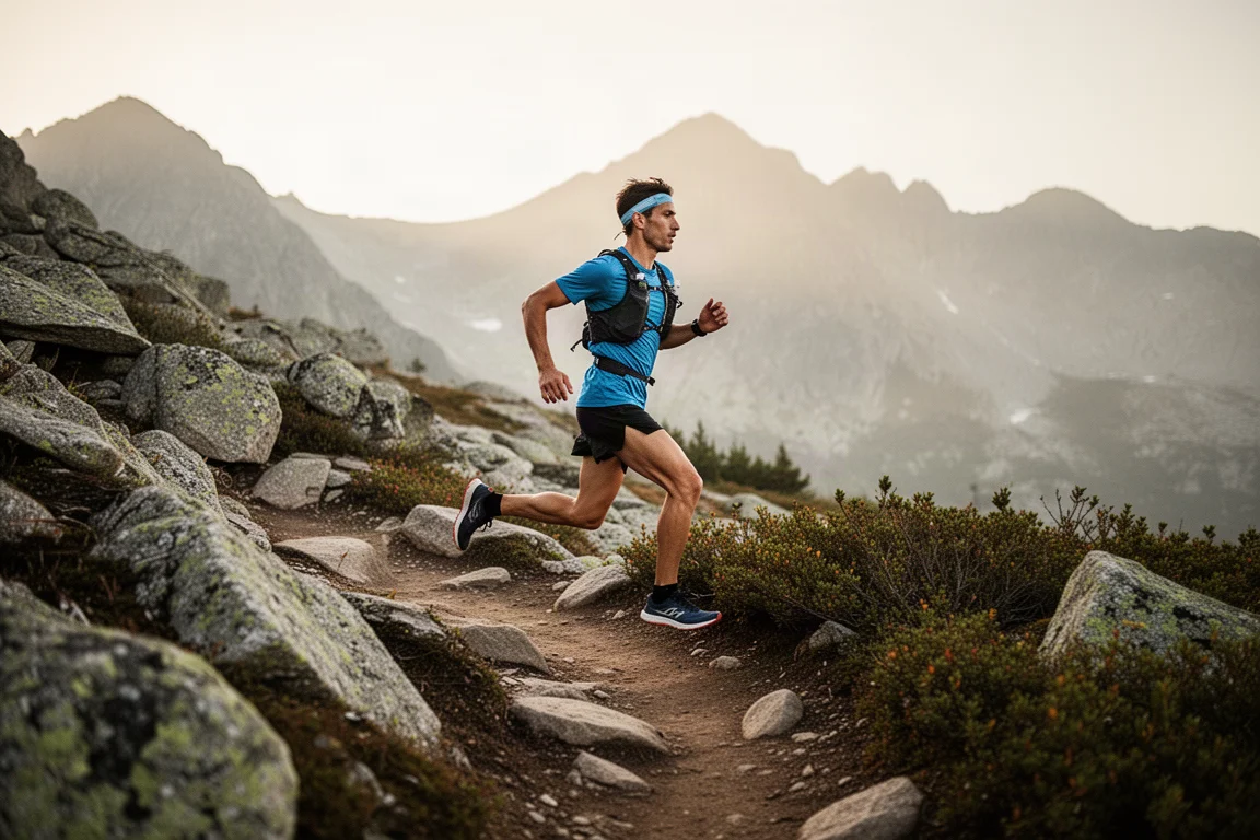 Trail runner moving along a rocky mountain path in bright daylight