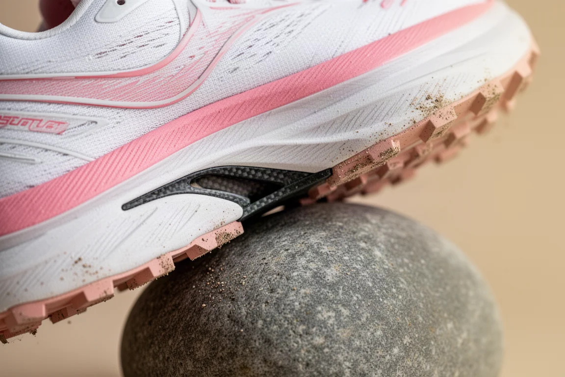 Close-up of a trail shoe midsole flexing on uneven rock terrain