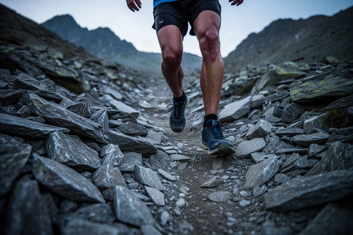 Steep technical mountain descent with loose sharp rocks at dusk