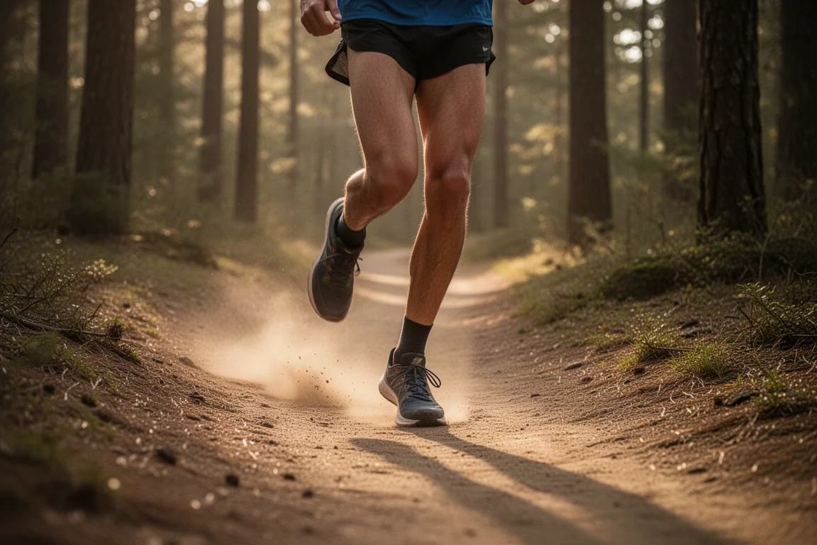 Trailrunner auf einem glatten Erdweg durch den Wald