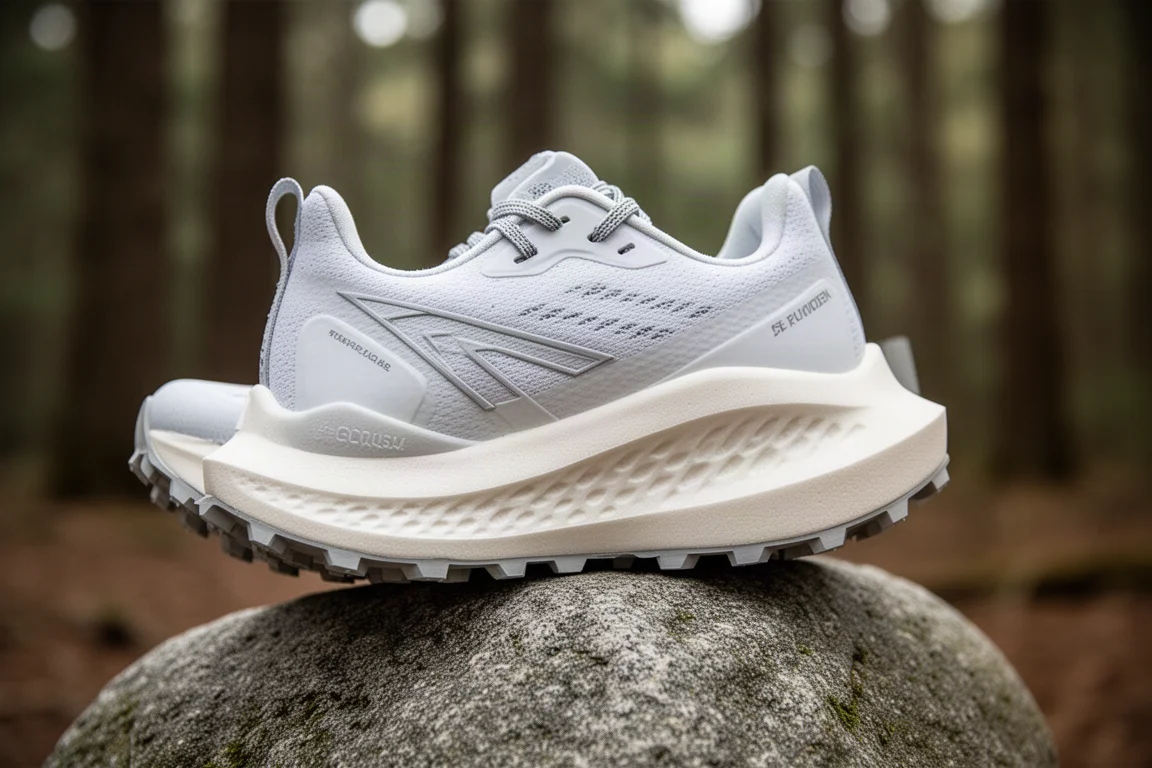 Nahaufnahme einer dicken, gedämpften Trail-Laufschuh-Mittelsohle auf einem Felsen