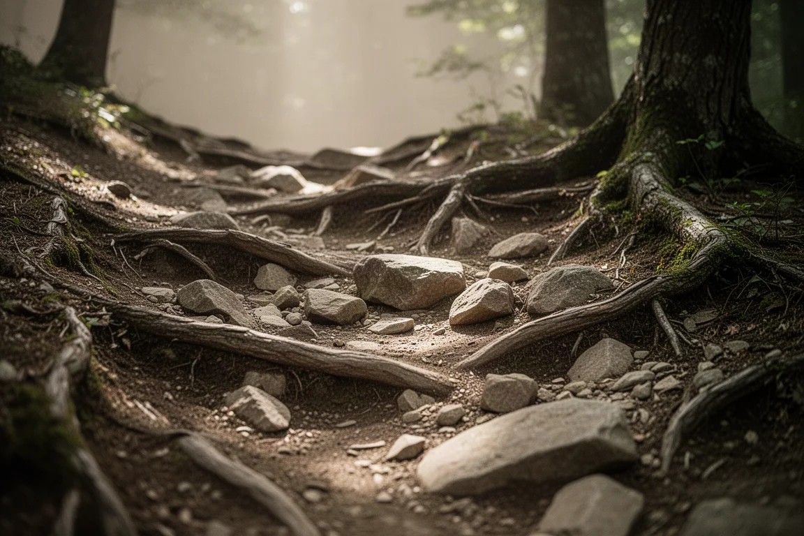 Technischer Trailabschnitt mit Felsen und Wurzeln