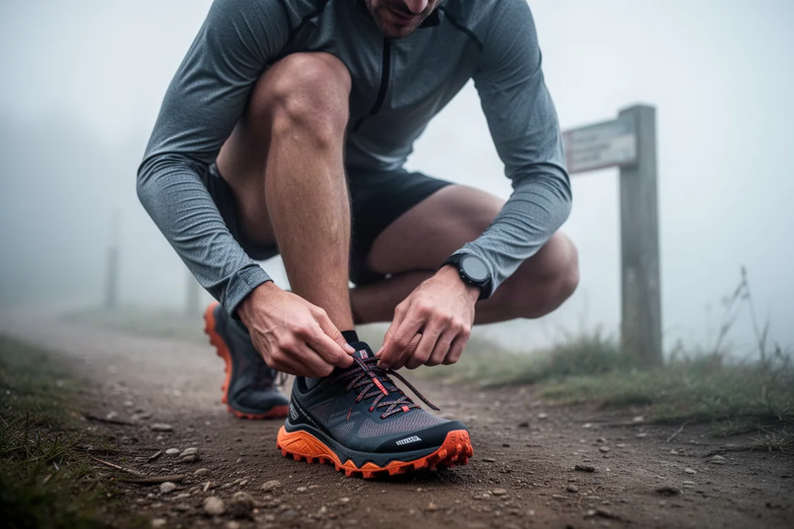 Läufer schnürt vor einem Trailrennen am frühen Morgen die Schuhe