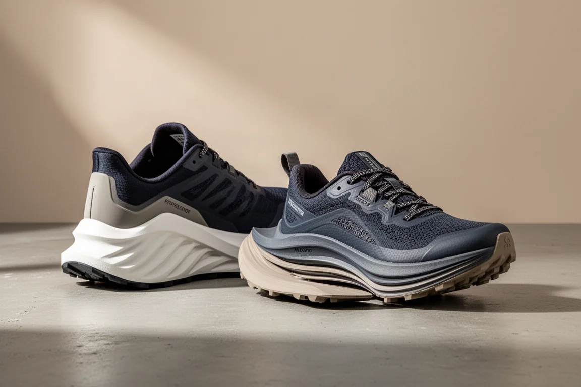 Saucony Endorphin Edge and Hoka Tecton X trail shoes side by side on concrete